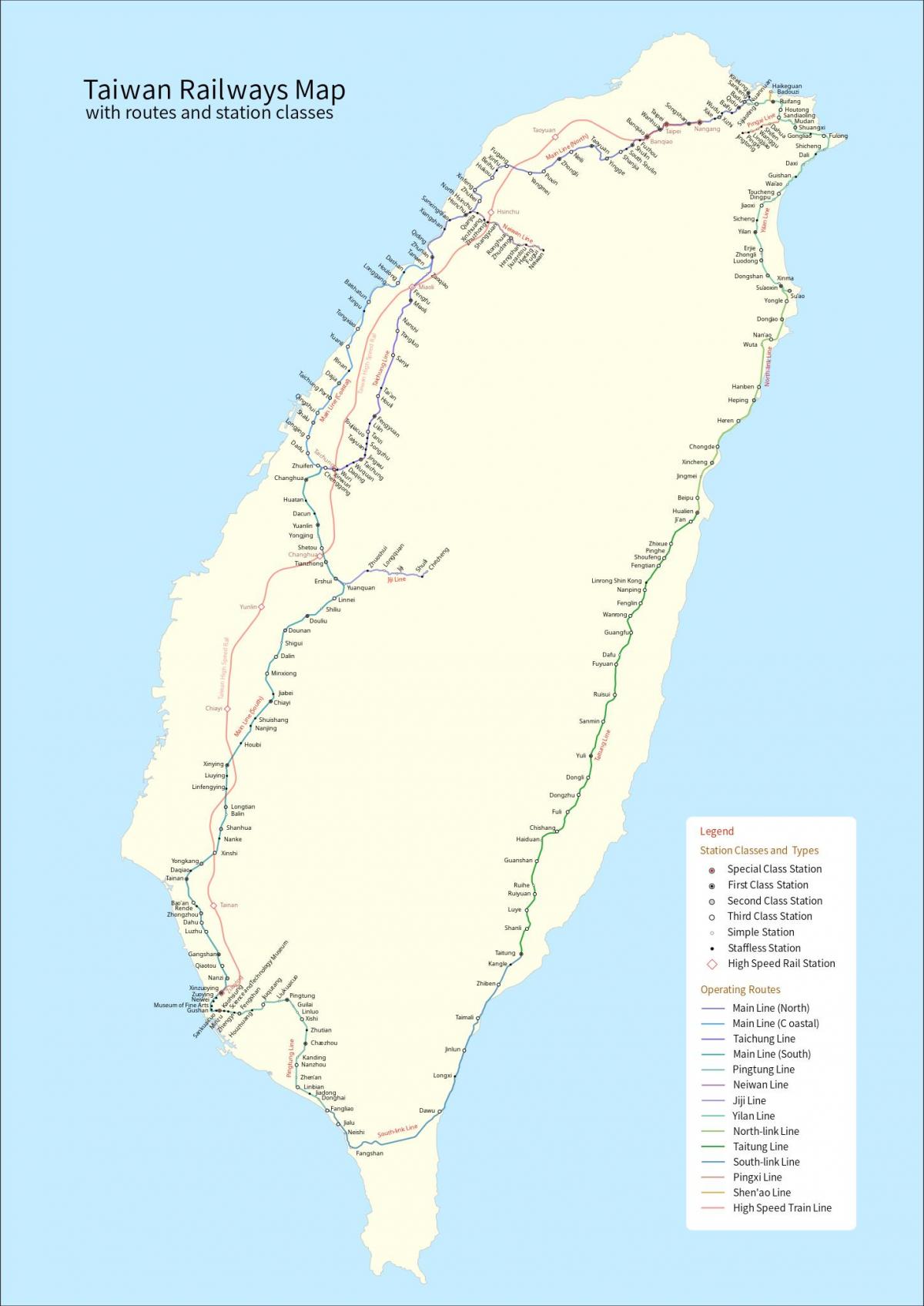 Карта железнодорожных линий Тайваня